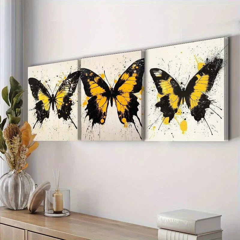 3pcs Black and Yellow Butterflies Colorful Wall Art Set Canvas Unframed - High Quality Print 100% Australian Made Wall Canvas