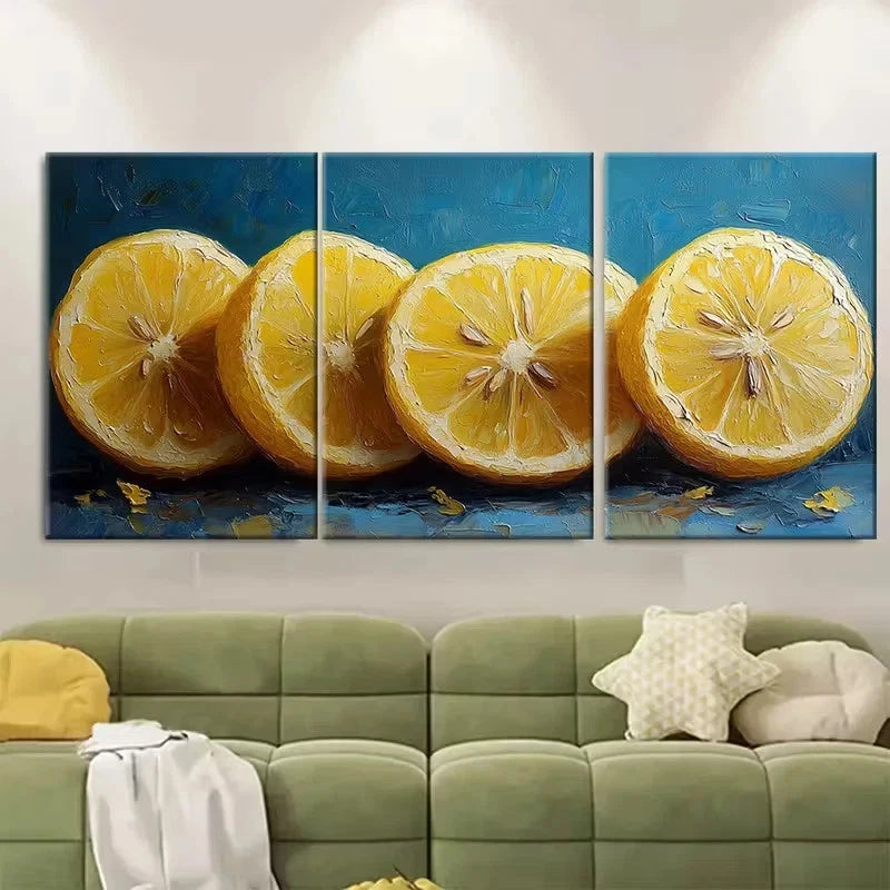 3pcs Lemon Slices Impasto Oil Painting Wall Art Set Canvas Framed 40x60cm - High Quality Print 100% Australian Made Wall Canvas Ready to Hang