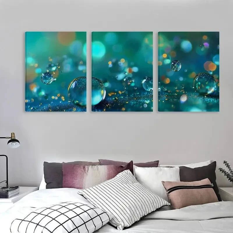3pcs Turquoise & Golden Water Droplet Design Wall Art Set Canvas Framed 60x90cm - High Quality Print 100% Australian Made Wall Canvas Ready to Hang
