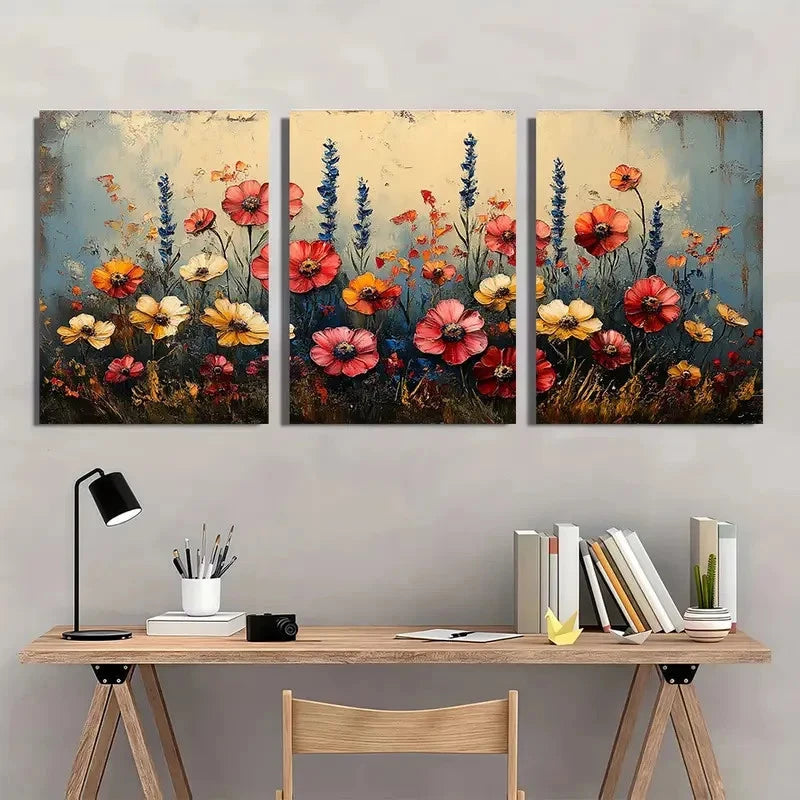 3pcs Vintage Wildflower Red Yellow Pink Wall Art Set Canvas Framed 60x90cm - High Quality Print 100% Australian Made Wall Canvas Ready to Hang