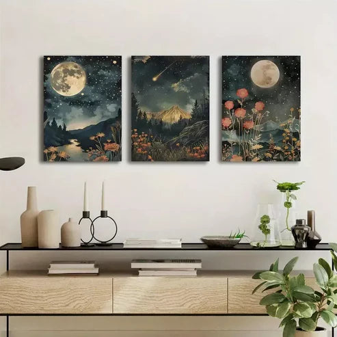 3pcs Moon & Wildflowers Mountain Canvas Framed 60x90cm - High Quality Print 100% Australian Made Wall Canvas Ready to Hang