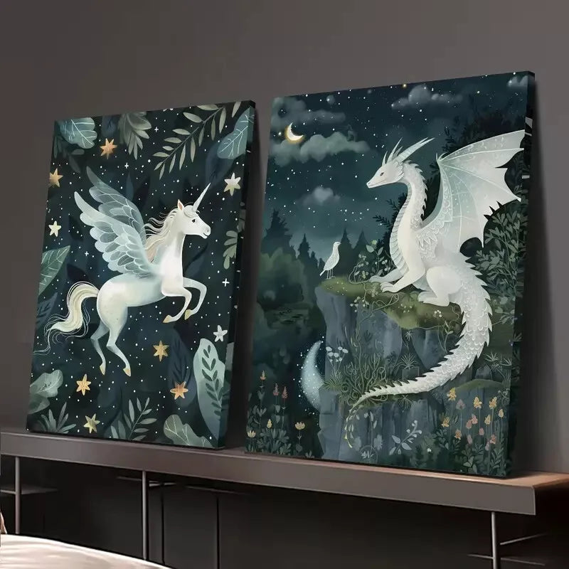 2pcs Unicorn, Dragon, Magic Forest, Fantasy Canvas Framed 50x75cm - High Quality Print 100% Australian Made Wall Canvas Ready to Hang