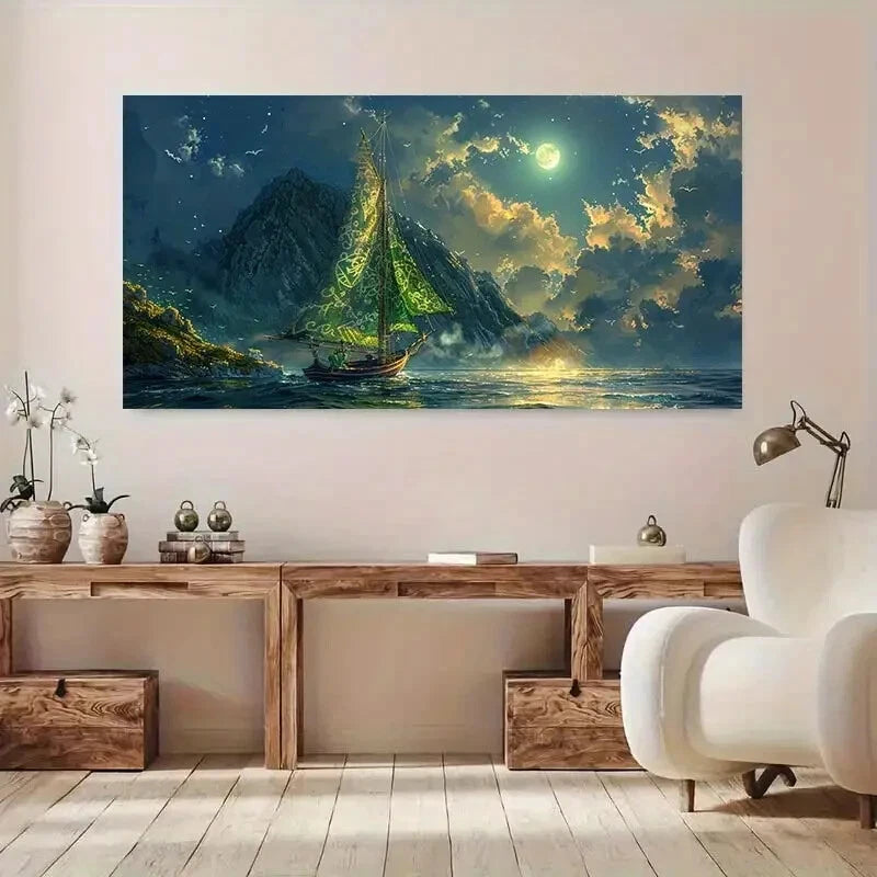 Glowing Lake and Moonlight wall canvas office home room framed 120x60cm - Bella Home Decor
