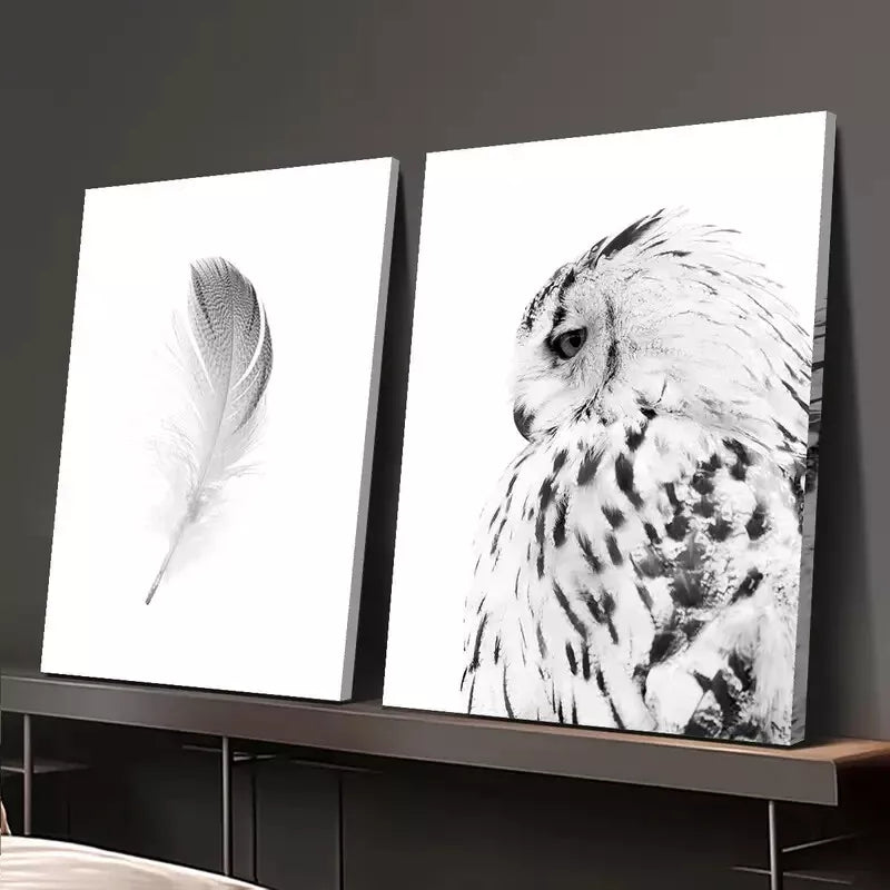 2pcs Owl Black and White Animal Feather Painting Canvas Framed 50x75cm - High Quality Print 100% Australian Made Wall Canvas Ready to Hang