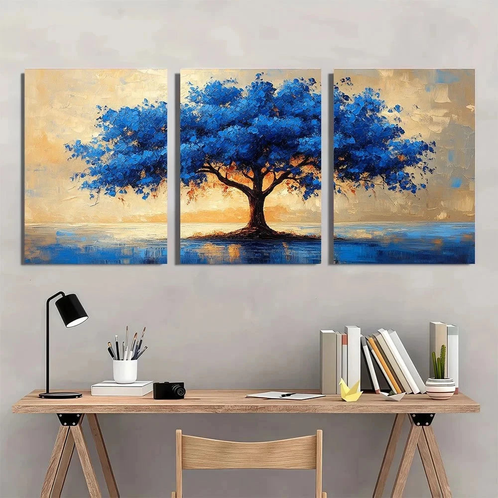 3pcs Lakeside blue tree Modern Abstract Painting Wall Art Set Canvas Framed 60x90cm - High Quality Print 100% Australian Made Wall Canvas Ready to Hang