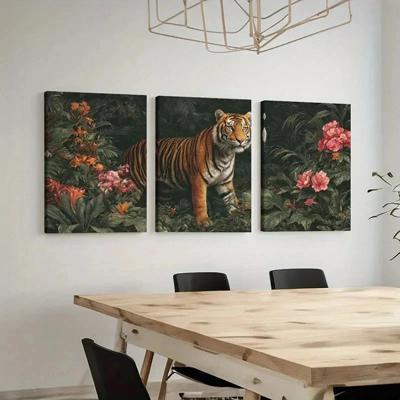 3pcs Tiger in Bloom Canvas wall Art Set Canvas Framed 40x60cm - High Quality Print 100% Australian Made Wall Canvas Ready to Hang