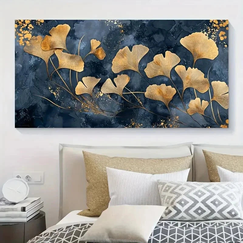 Gold Leaves Blue Abstract wall canvas office home room framed 120x60cm