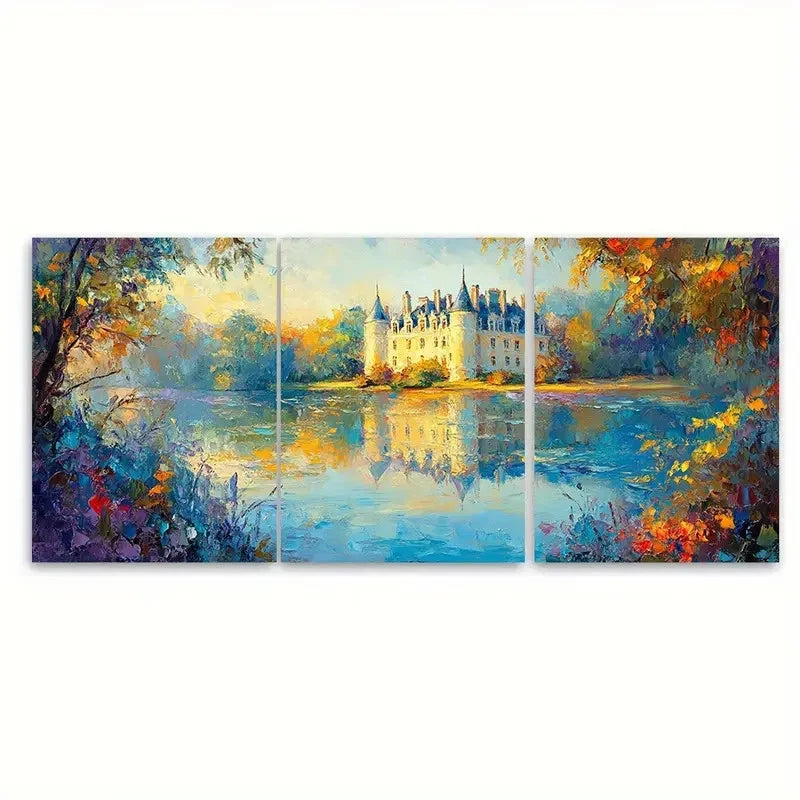 3pcs Chateau Of Light Impressionist Landscape Wall Art Set Canvas Framed 50x70cm - High Quality Print 100% Australian Made Wall Canvas Ready to Hang