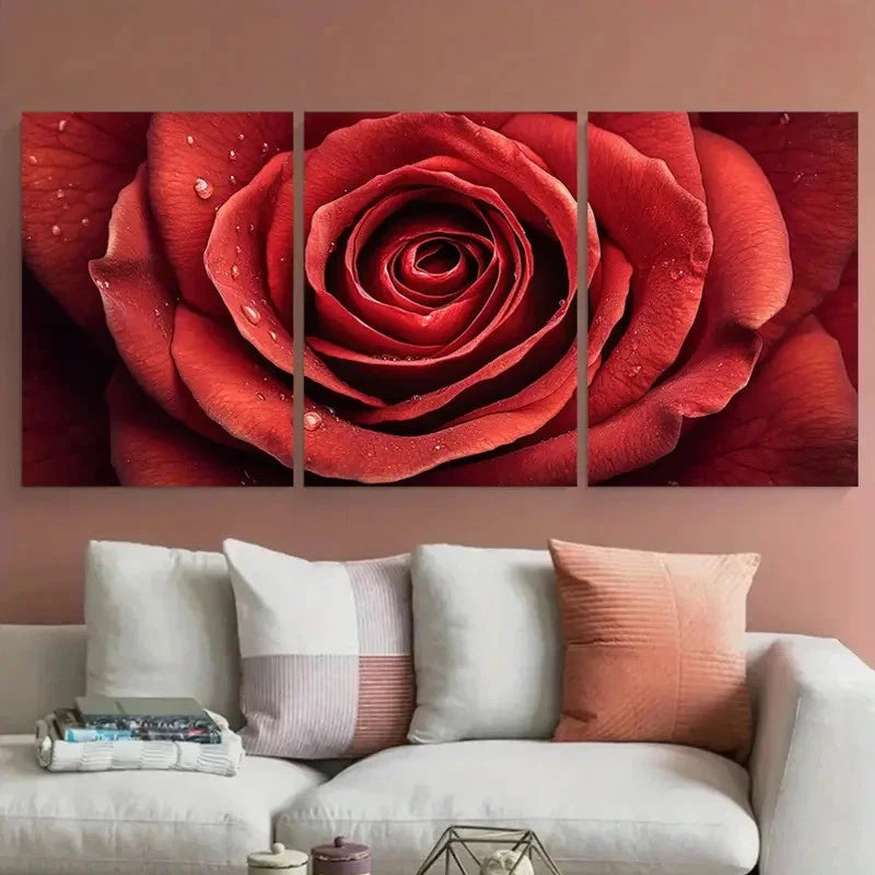 3pcs vibrant red rose cloesup illustration Wall Art Set Canvas Framed 40x60cm - High Quality Print 100% Australian Made Wall Canvas Ready to Hang