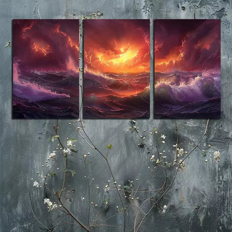 3pcsPurple Ocean Under The Setting Sun Wall Art Set Canvas Framed 50x70cm - High Quality Print 100% Australian Made Wall Canvas Ready to Hang - Bella Home Decor