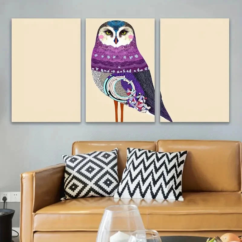 3pcs Vibrant Owl In Purple And Blue Wall Art Set Canvas Framed 40x60cm - High Quality Print 100% Australian Made Wall Canvas Ready to Hang