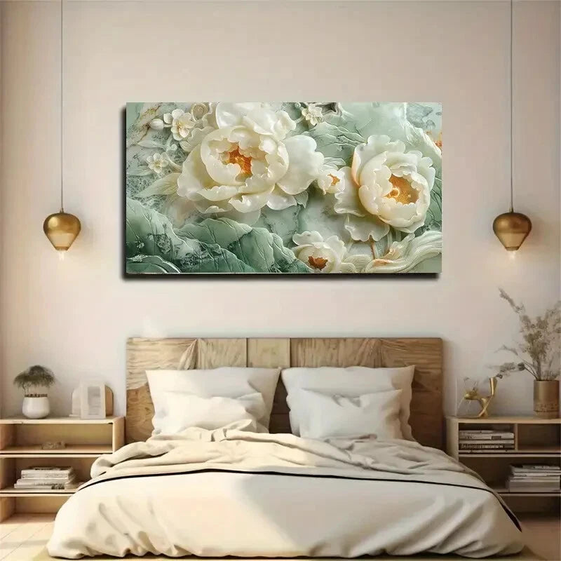 White Peony Green Leaves wall canvas office home room framed 120x60cm - Bella Home Decor