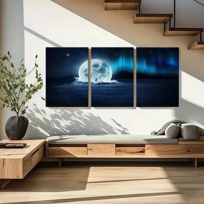 3pcs Aurora Snow Moon Falling On Snow Wall Art Set Canvas Framed 40x60cm - High Quality Print 100% Australian Made Wall Canvas Ready to Hang