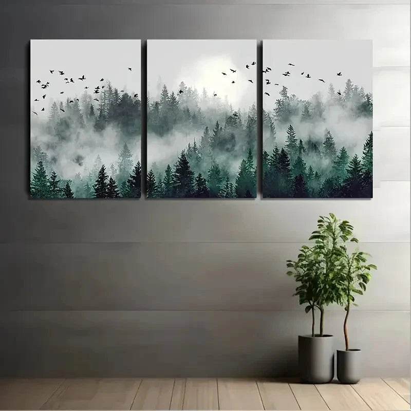 Three-panel wall art of a forest scene with trees and birds, displayed on a gray wall.
