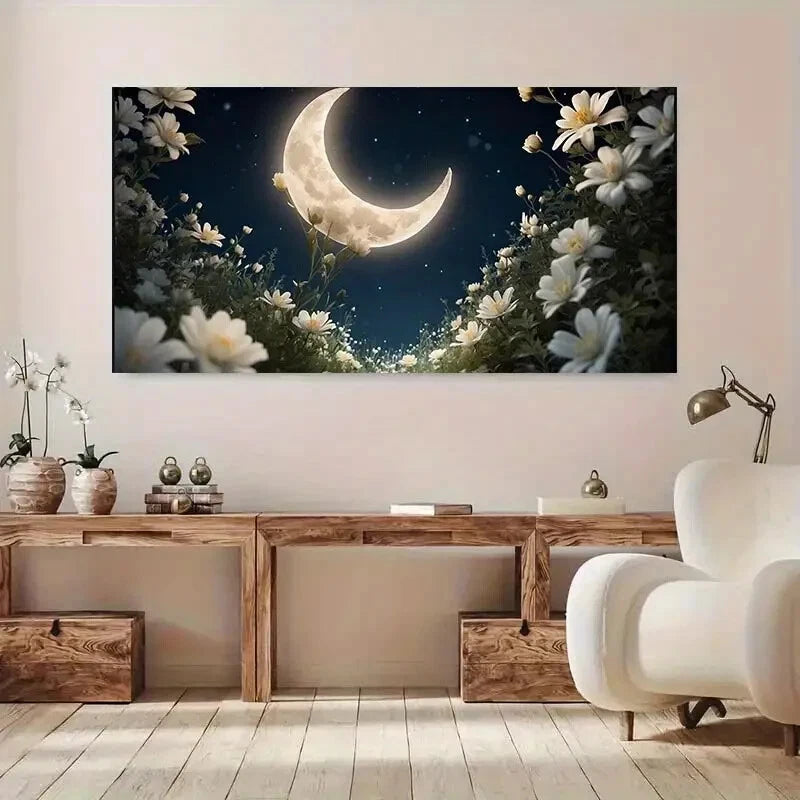 Night Stars White Flowers wall canvas office home room framed 120x60cm - Bella Home Decor
