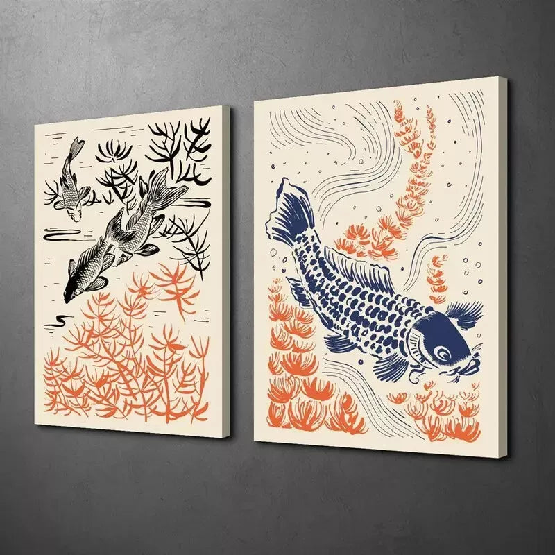 2pcs Japanese Carp & Floral Canvas Framed 50x75cm - High Quality Print 100% Australian Made Wall Canvas Ready to Hang