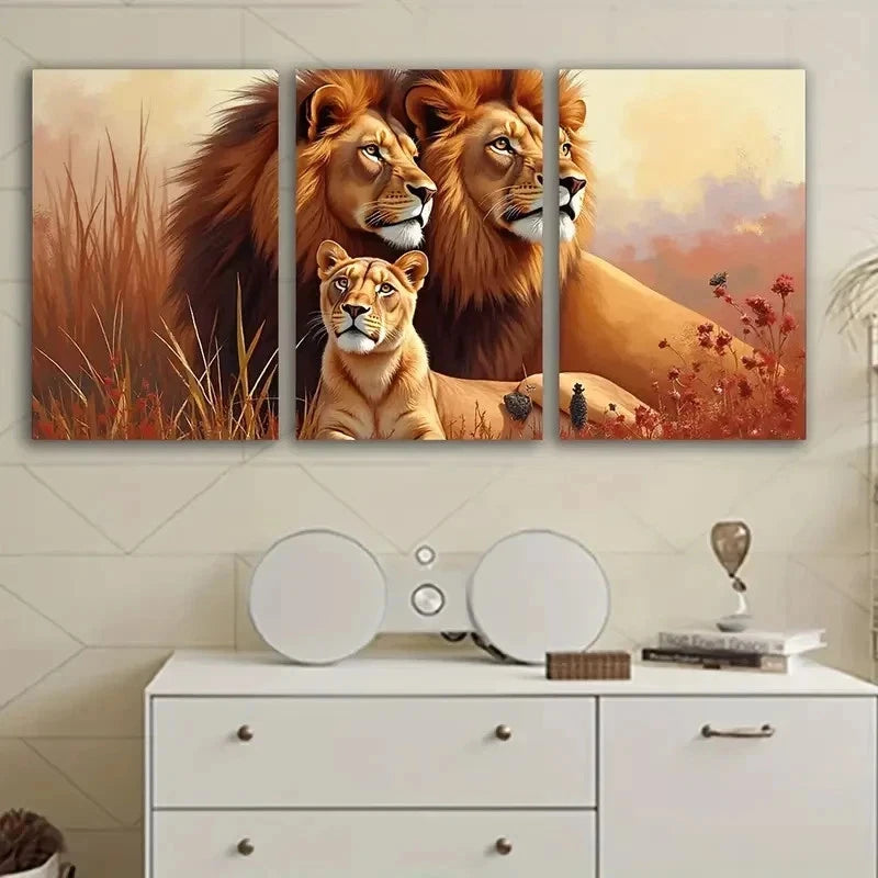 3pcs Lion Family African Portrait Wall Art Set Canvas Framed 50x70cm - High Quality Print 100% Australian Made Wall Canvas Ready to Hang