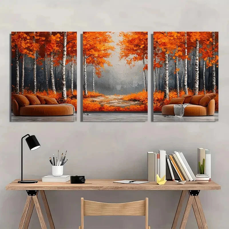 3pcs Vibrant Orange & Golden Leaves Wall Art Set Canvas Framed 40x60cm - High Quality Print 100% Australian Made Wall Canvas Ready to Hang