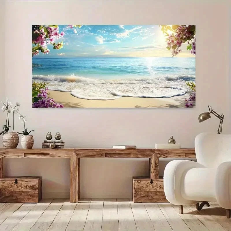 Coastal Sunset Floral Sea wall canvas office home room framed 120x60cm - Bella Home Decor