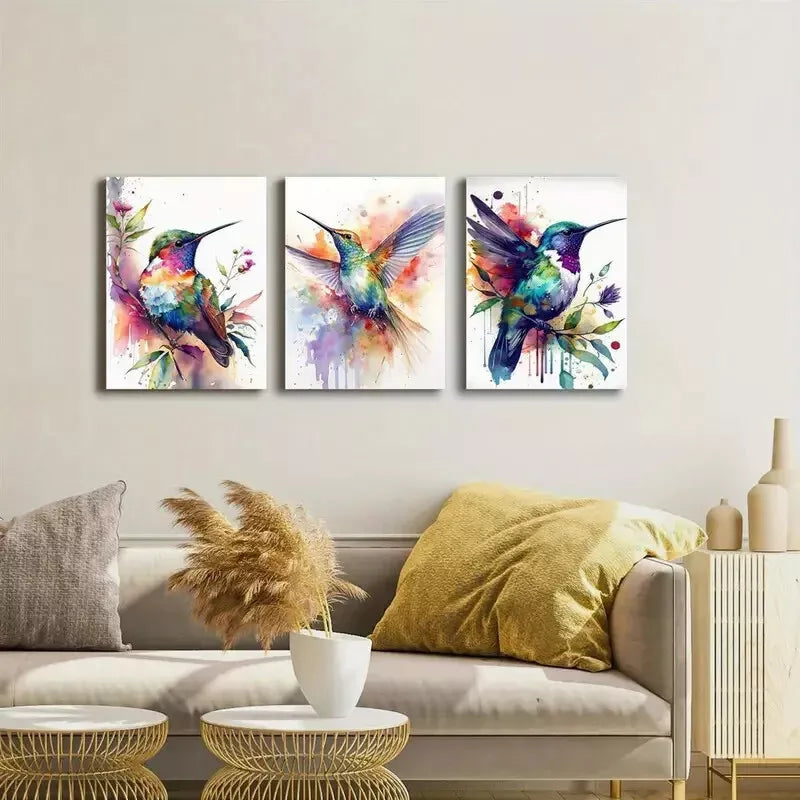 3pcs Watercolor Hummingbird & Flowers Canvas Framed 40x60cm - High Quality Print 100% Australian Made Wall Canvas Ready to Hang