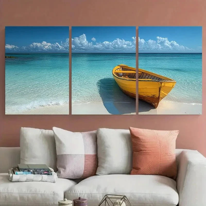 3pcs Paper Beach Shore Boat Perfect Wall Art Set Canvas Framed 40x60cm - High Quality Print 100% Australian Made Wall Canvas Ready to Hang