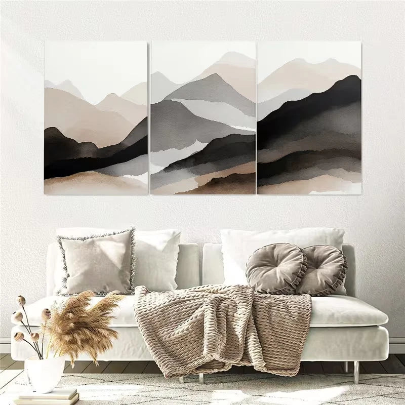 3pcs Mountain Landscape Watercolor Beige Black Wall Art Set Canvas Framed 60x90cm - High Quality Print 100% Australian Made Wall Canvas Ready to Hang