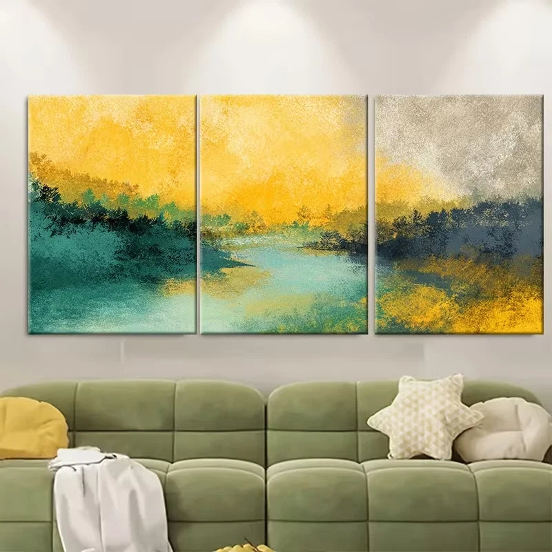 3pcs Yellow Green Landscape Abstract Wall Art Set Canvas Framed 60x90cm - High Quality Print 100% Australian Made Wall Canvas Ready to Hang