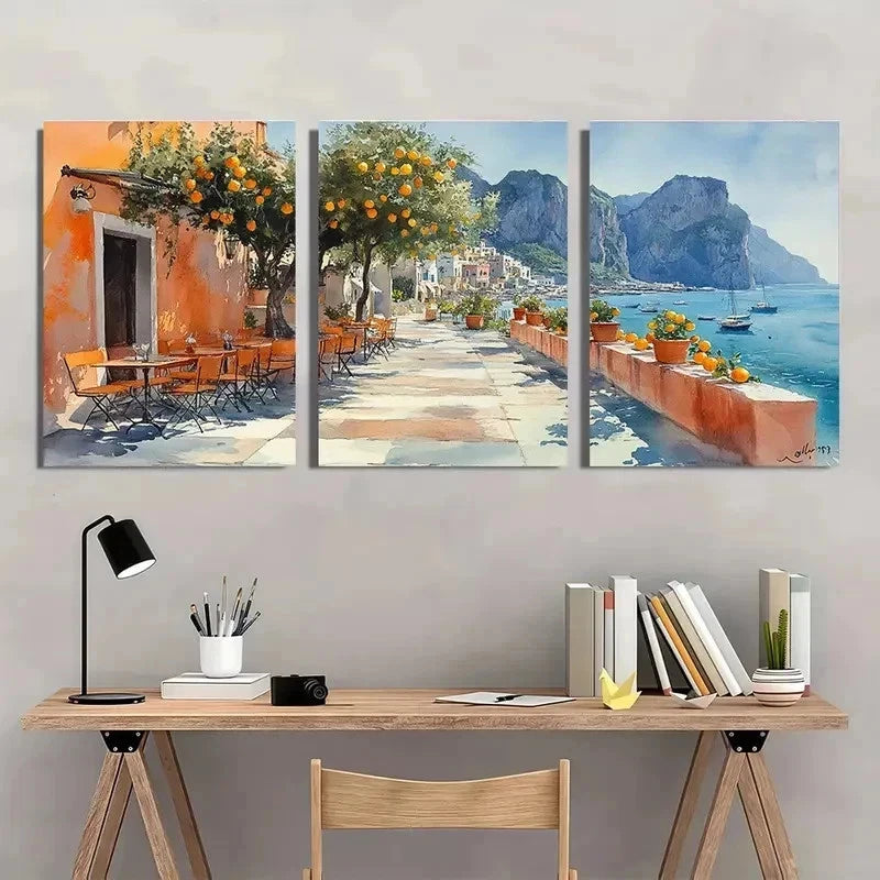 3pcs Italian Cityscape Lemon Tree Perfect Wall Art Set Canvas Framed 50x70cm - High Quality Print 100% Australian Made Wall Canvas Ready to Hang