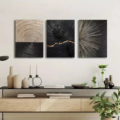 3pcs Luxury Black & Golden Wood Grain Canvas Framed 60x90cm - High Quality Print 100% Australian Made Wall Canvas Ready to Hang
