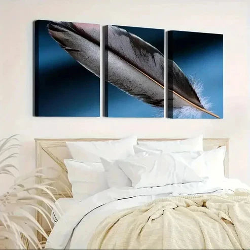 3pcs Featuring Feathers on a Blue Background Wall Art Canvas Unframed - High Quality Print 100% Australian Made Wall Canvas