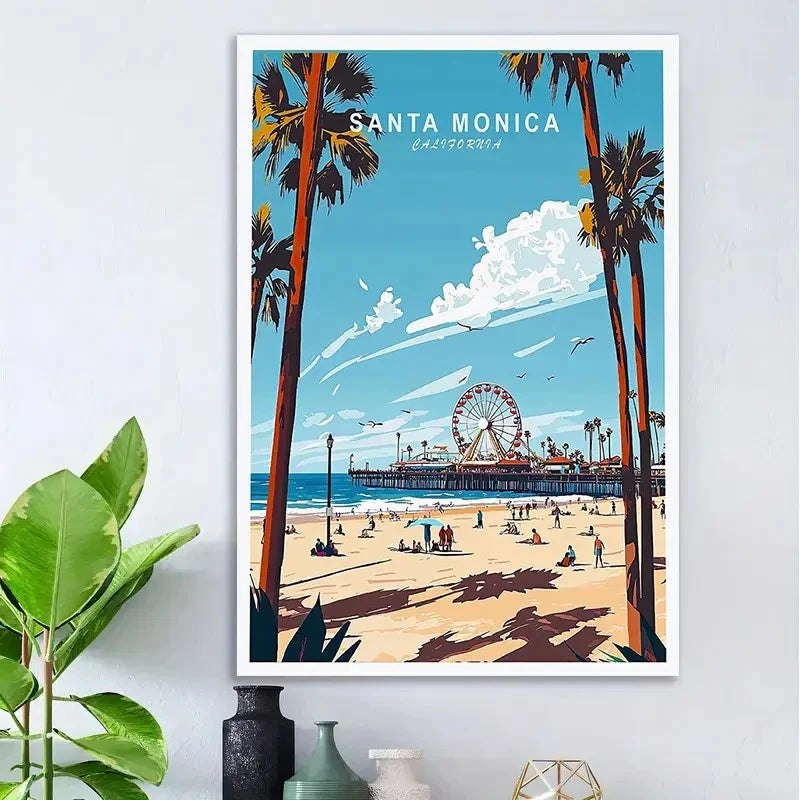 Santa Monica Beach Vintage California Coastal Travel Poster Print Wall Art