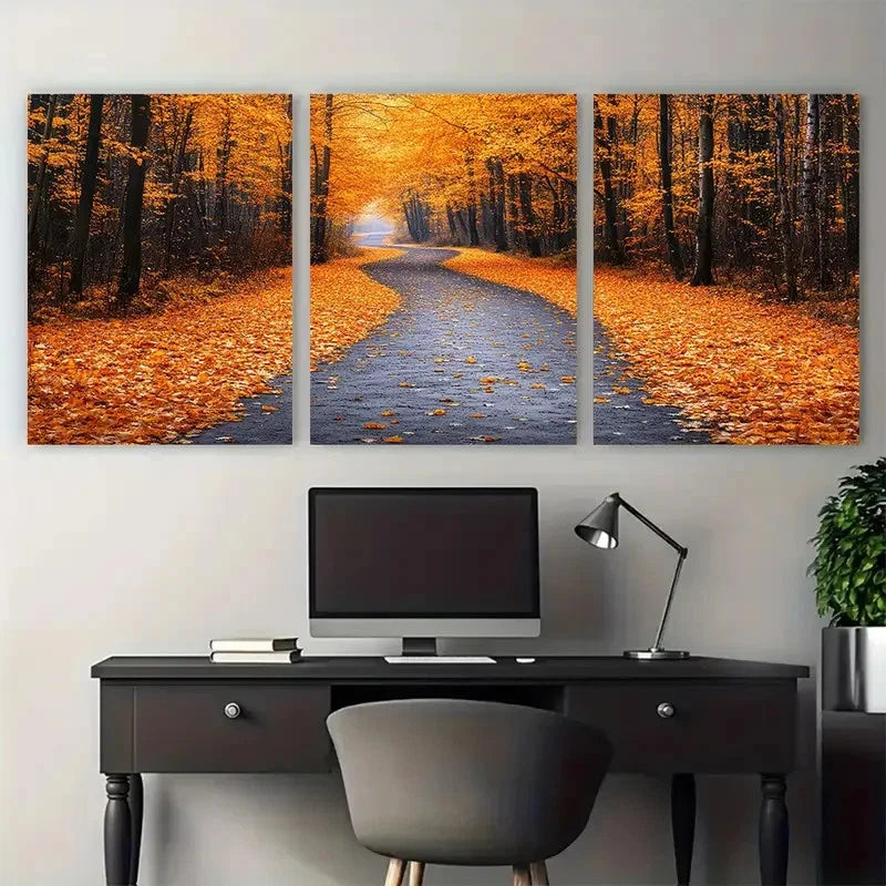 3pcs Autumn Path Yellow Orange Leaf Trees Wall Art Set Canvas Framed 40x60cm - High Quality Print 100% Australian Made Wall Canvas Ready to Hang