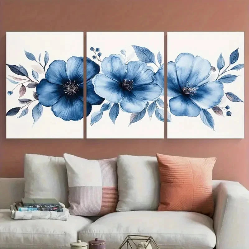3pcs Elegant Blue Floral Watercolor Design Wall Art Set Canvas Framed 40x60cm - High Quality Print 100% Australian Made Wall Canvas Ready to Hang