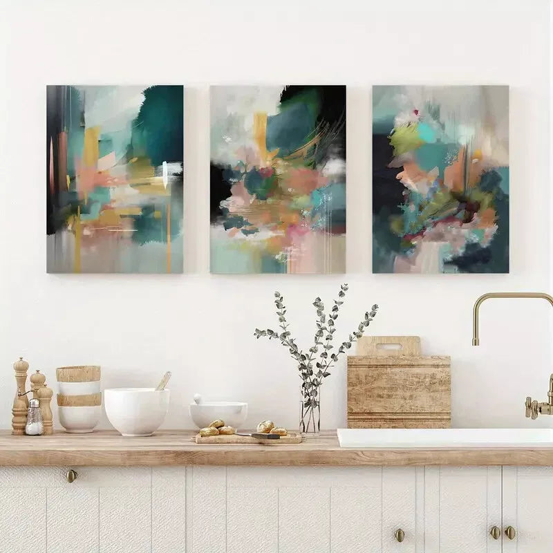 3pcs Teal Green Abstract Watercolor Wall Art Set Canvas Framed 50x70cm - High Quality Print 100% Australian Made Wall Canvas Ready to Hang - Bella Home Decor