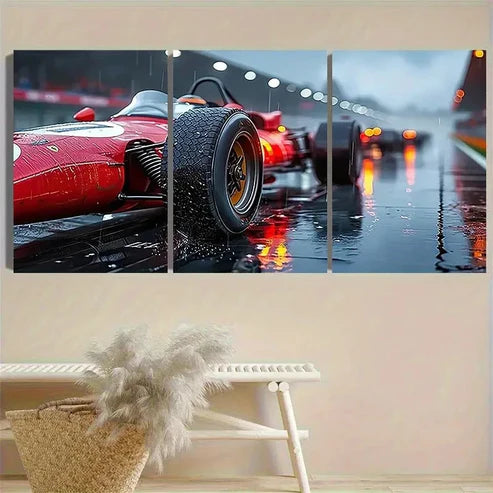 3pcs Red Sports Car on Rainy Track Wall Art Set Canvas Unframed - High Quality Print 100% Australian Made Wall Canvas - Bella Home Decor