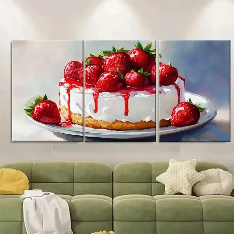 3pcs Strawberry Cake Impasto Wall Art Set Canvas Framed 50x70cm - High Quality Print 100% Australian Made Wall Canvas Ready to Hang