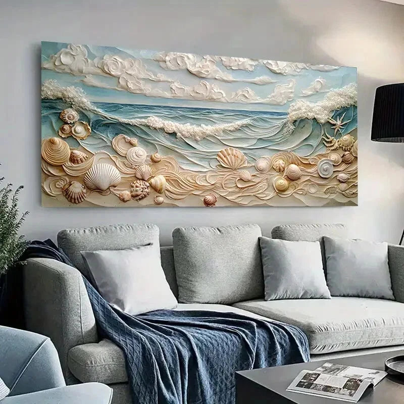 Ocean Waves with Seashells wall canvas office home room framed 120x60cm - Bella Home Decor