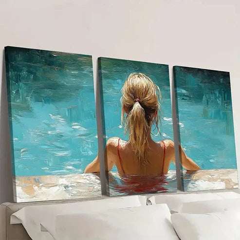 3pcs Woman by Pool, Relaxing Summer TY Wall Art Set Canvas Unframed - High Quality Print 100% Australian Made Wall Canvas