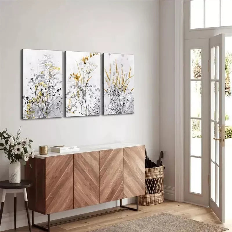 3pcsGrey Wildflowers and Weeds Wall Art Set Canvas Framed 50x70cm - High Quality Print 100% Australian Made Wall Canvas Ready to Hang - Bella Home Decor
