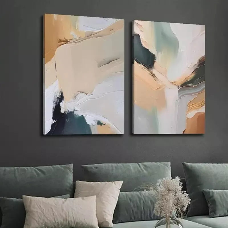 2pcs Decorative, Beige Green Modern Abstract Oil Painting Canvas Framed 50x75cm - High Quality Print 100% Australian Made Wall Canvas Ready to Hang