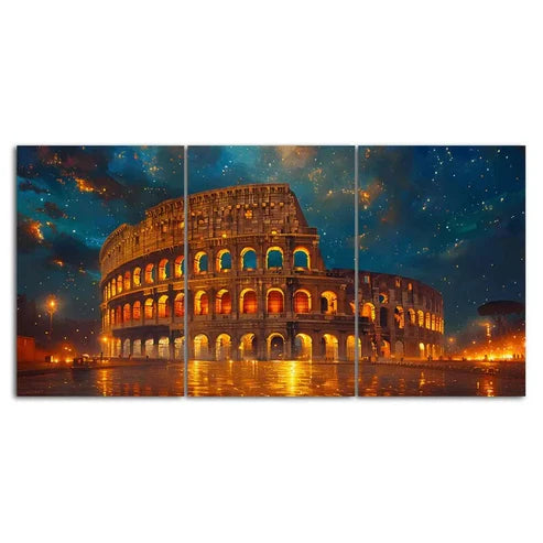 Rome Colosseum Starry Sky 3 Piece Canvas Framed 60x90cm - High Quality Print 100% Australian Made Wall Canvas Ready to Hang