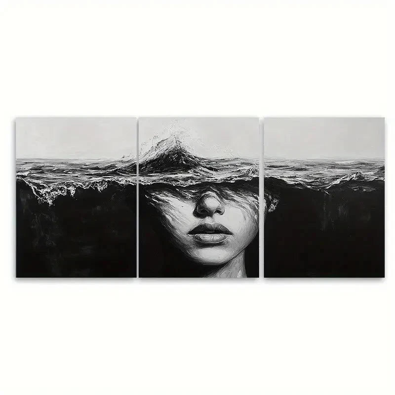 3pcs Abstract Lady Face Black And White Ocean Wall Art Set Canvas Framed 50x70cm - High Quality Print 100% Australian Made Wall Canvas Ready to Hang