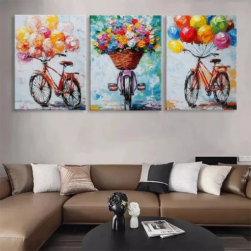 3pcs Colorful Bicycle with Balloons Perfect Wall Art Set Canvas Unframed - High Quality Print 100% Australian Made Wall Canvas