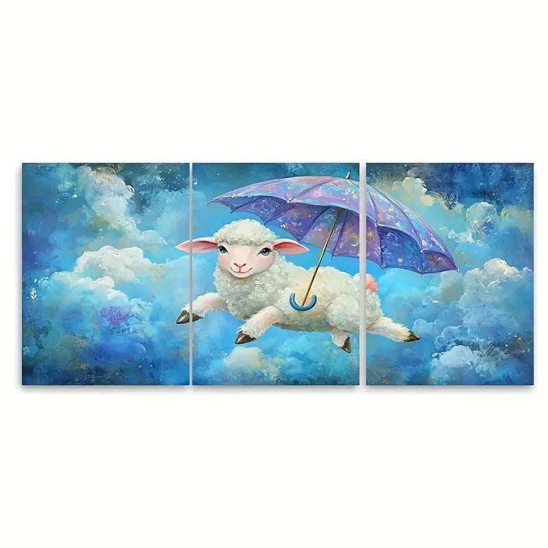 3pcs Flying Sheep with Umbrella Whimsical Design Wall Art Set Canvas Framed 50x70cm - High Quality Print 100% Australian Made Wall Canvas Ready to Hang