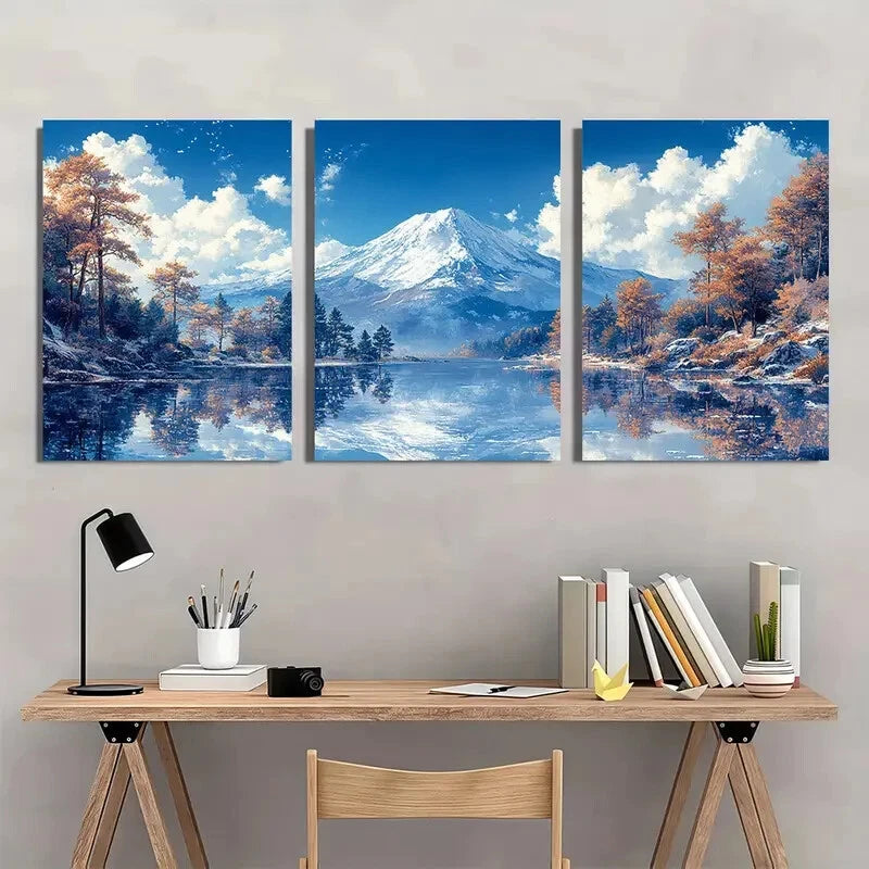 3pcs Snowy Mount Fuji & Autumn Forest Scenes Metal Print Ready to Hang Art