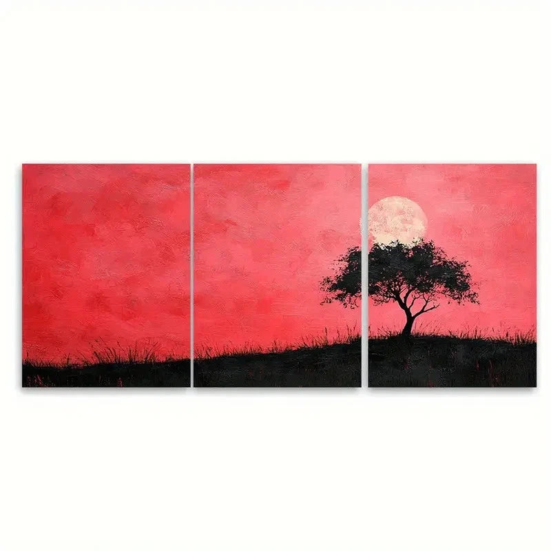 3pcs Pink Sky with Black Tree Silhouette RI Wall Art Set Canvas Framed 50x70cm - High Quality Print 100% Australian Made Wall Canvas Ready to Hang