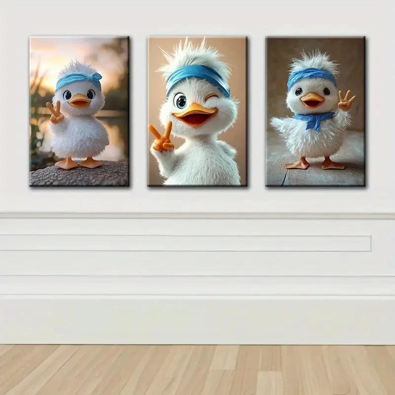 3pcs Cute White Duck Painting Wall Art Set Canvas Framed 40x60cm - High Quality Print 100% Australian Made Wall Canvas Ready to Hang