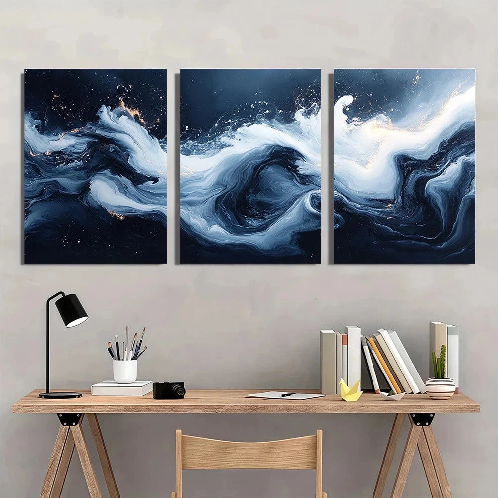 3pcs Swirling Liquid Shapes Blue & White Wall Art Set Canvas Framed 40x60cm - High Quality Print 100% Australian Made Wall Canvas Ready to Hang