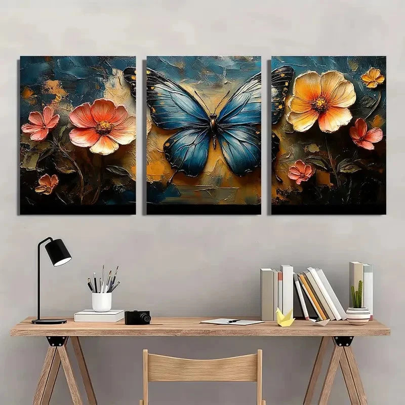 3pcs Vibrant Blue Butterfly with Orange Flowers Wall Art Set Canvas Framed 60x90cm - High Quality Print 100% Australian Made Wall Canvas Ready to Hang