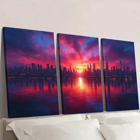 3pcs Urban Glow Sunset City Triptych CG Wall Art Set Canvas Unframed - High Quality Print 100% Australian Made Wall Canvas